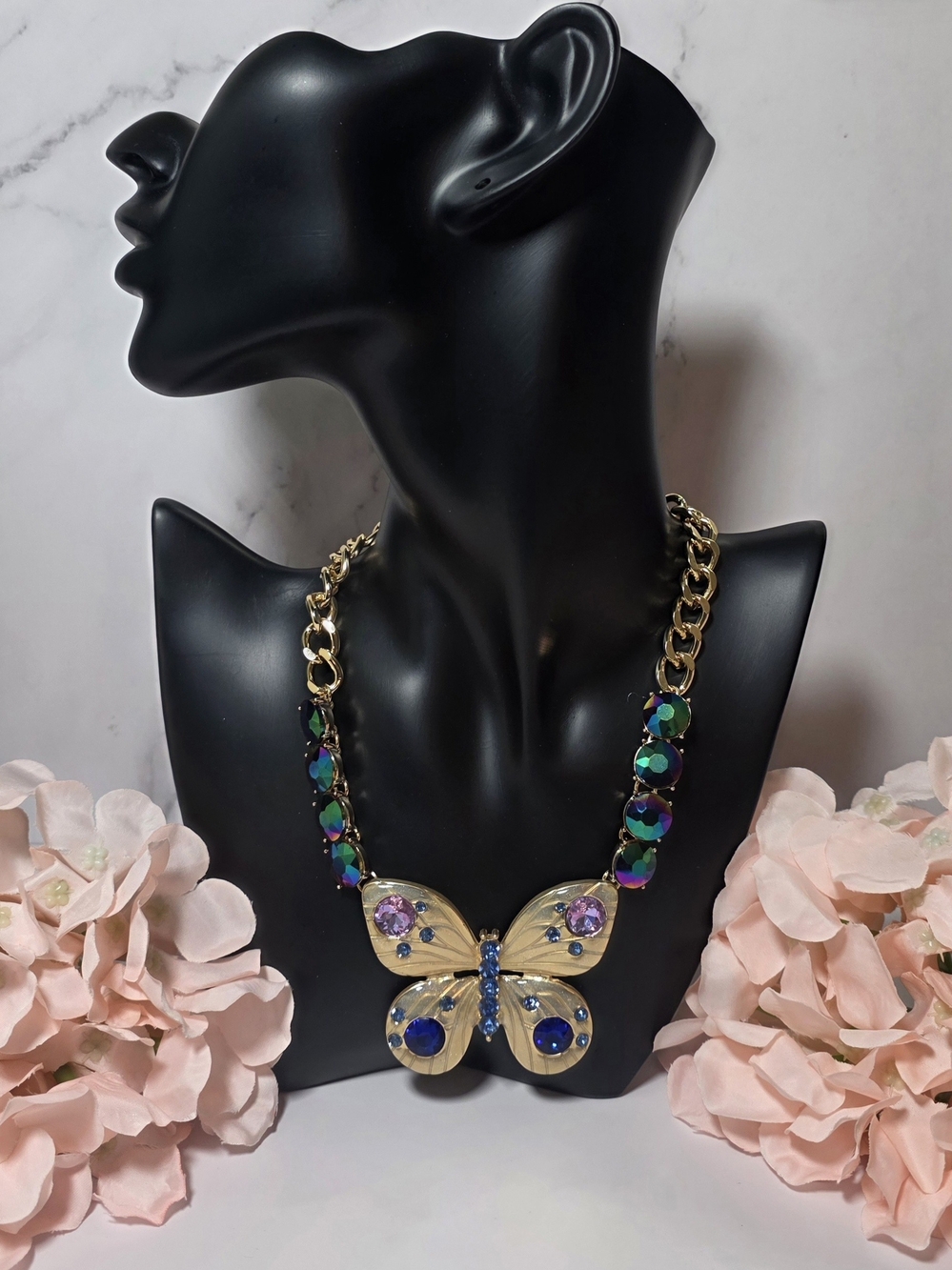 Betsey Johnson - Gold Butterfly Necklace with Blue, Purple and Green Gems